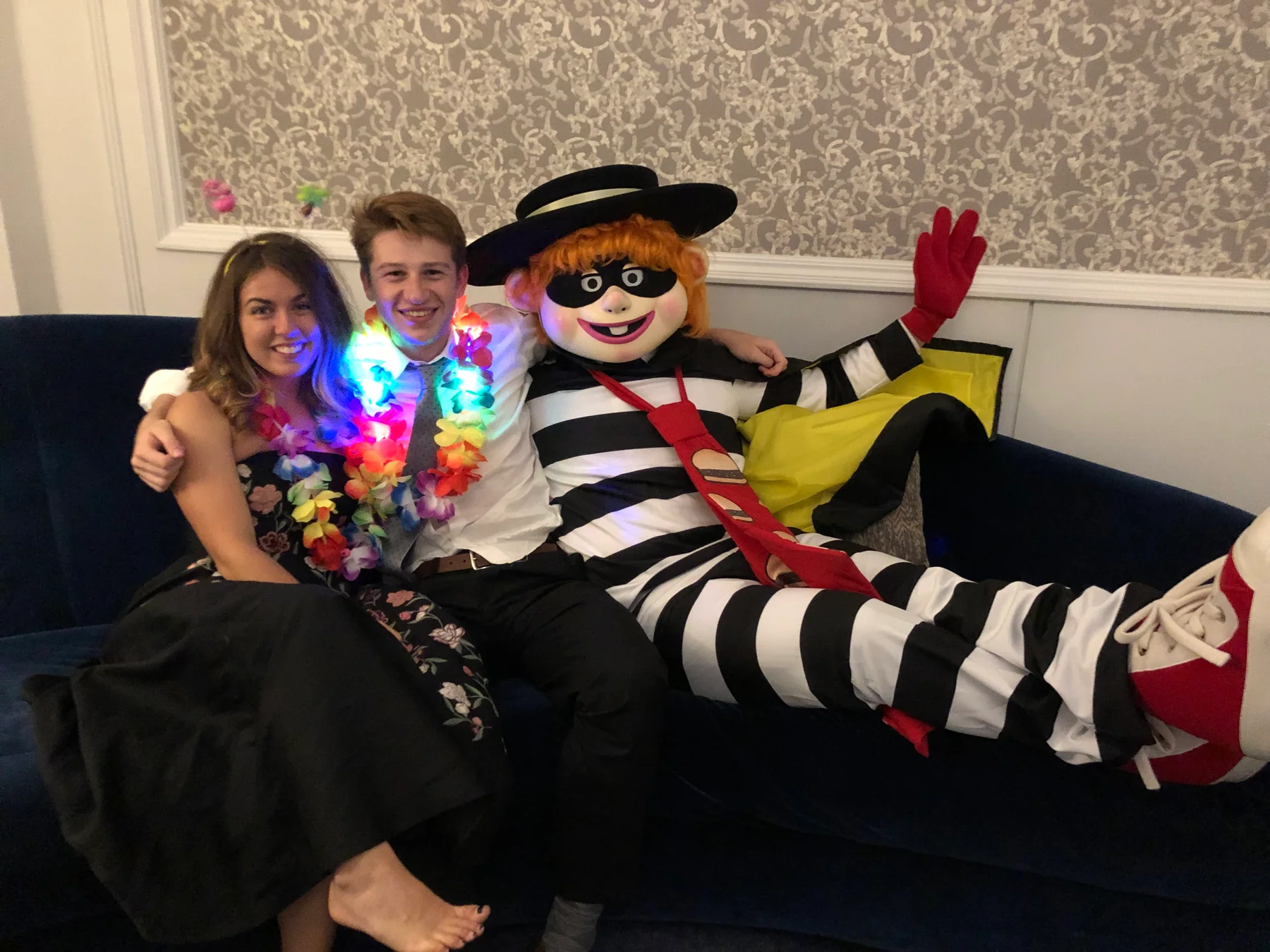 Anna Margaret and Hugh posing with the Hamburglar