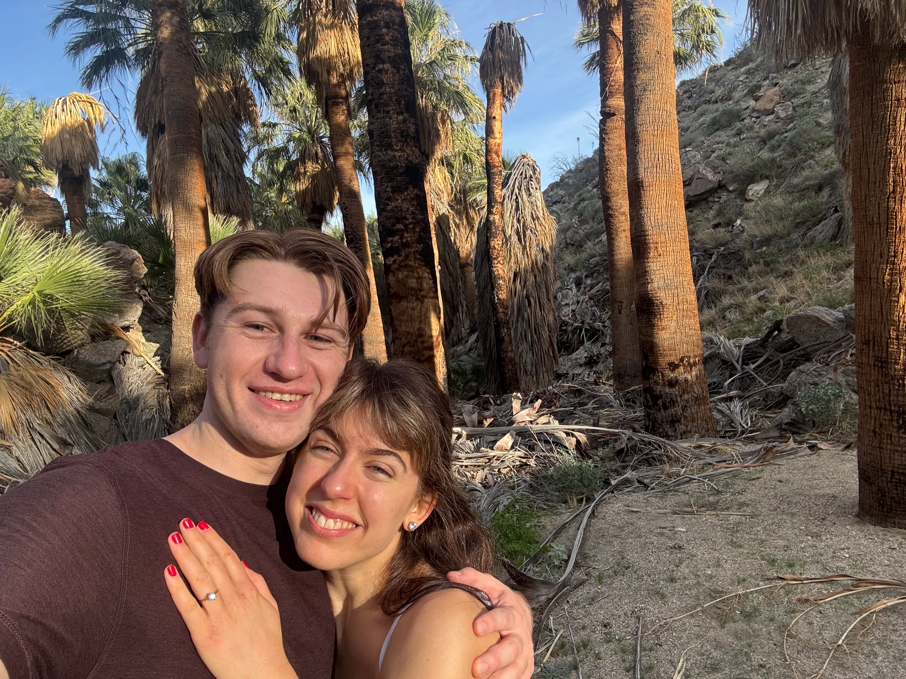 Hugh and Anna Margaret embracing among palm trees and rocks